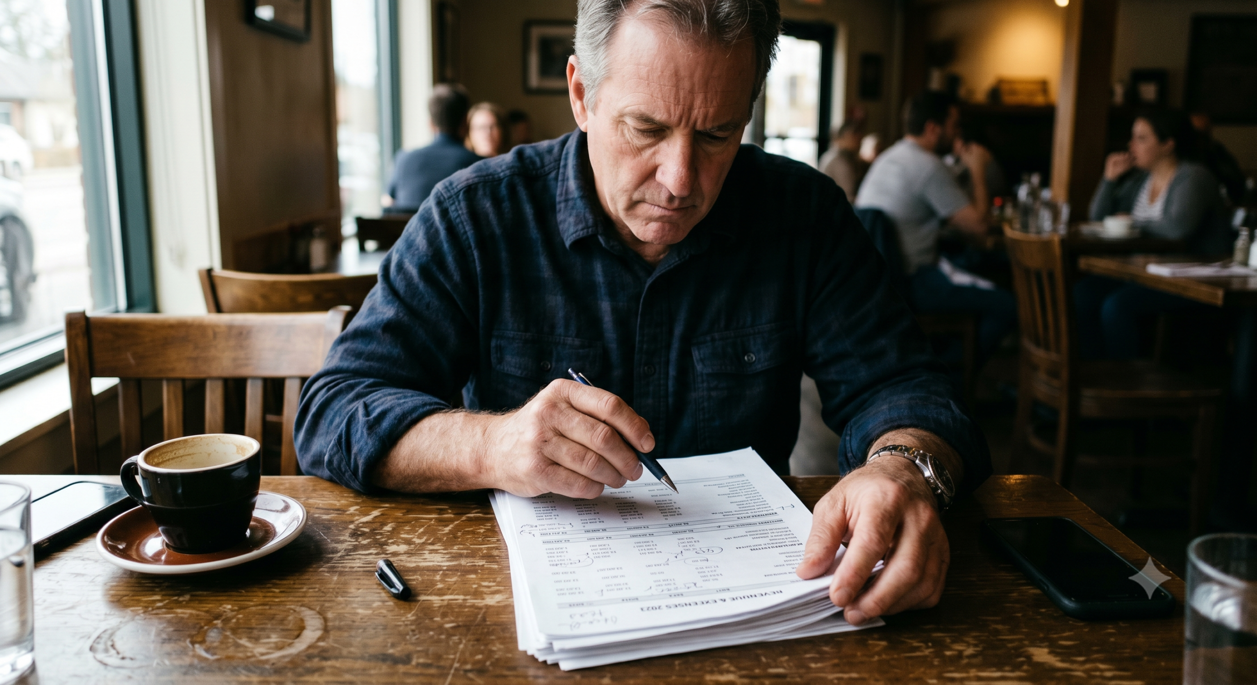 Restaurant operator reviewing financial documents at a café table